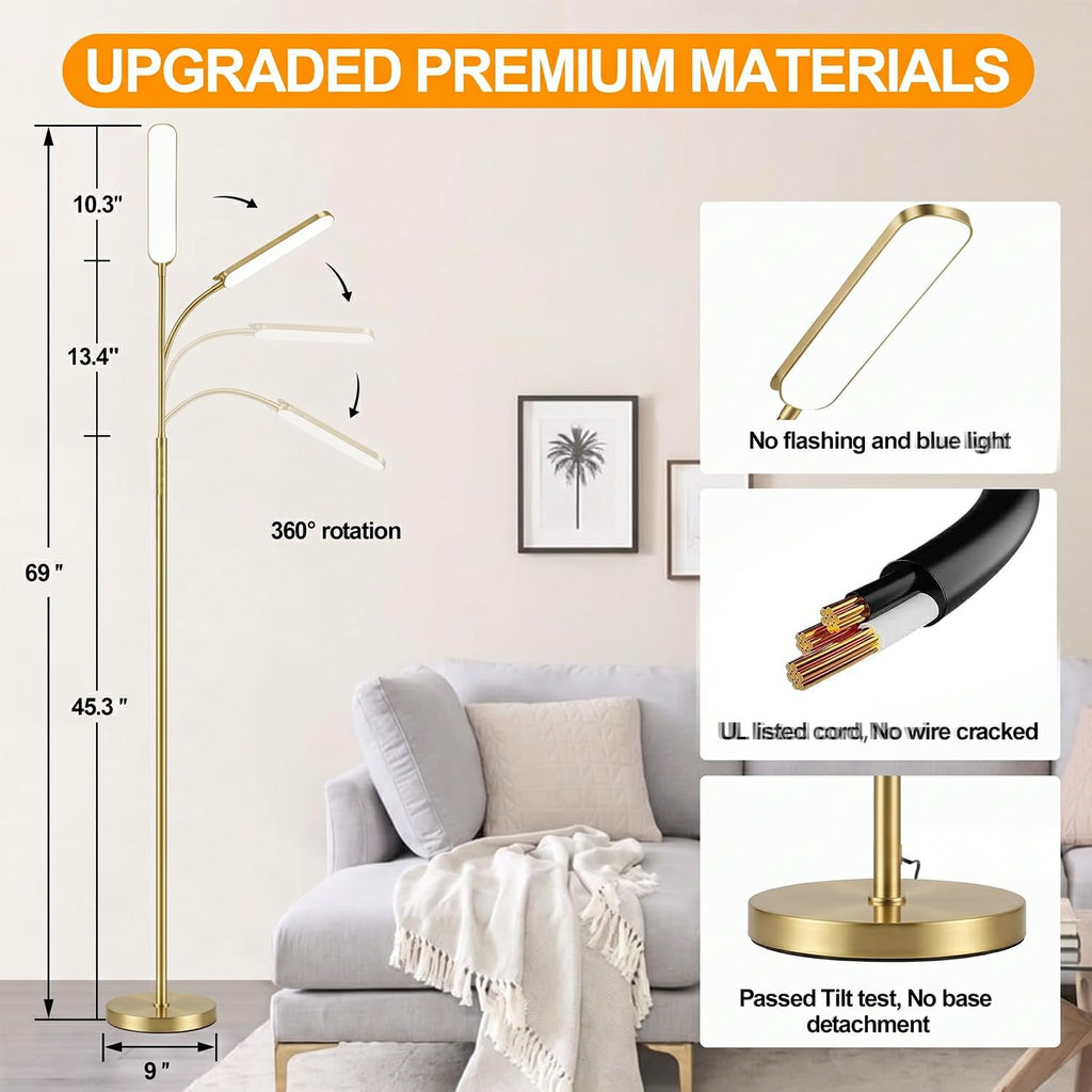 Gold Polished Floor Lamp, 18W LED, Luxury Decor Style & Stepless Dimming, Eye-Caring Timing Reading Lamp