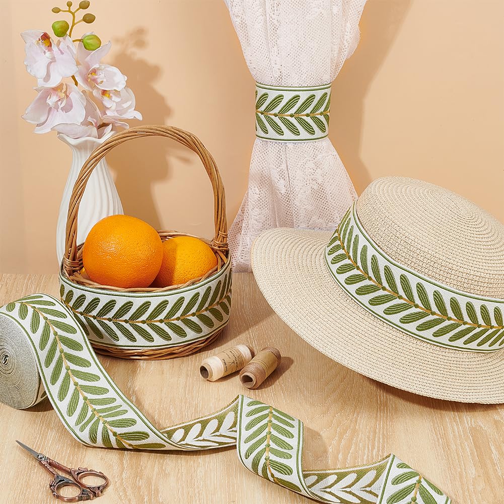 Jacquard Ribbon Trim 2.4 Inch Leaf Pattern Jacquard Polyester Ribbons White Green Leaf Jacquard Woven