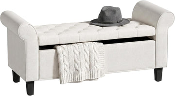 47" Storage Ottoman End of Bed Bench with Rolled Arms Cream White | Long Ottoman with Storage Chest, Safety Hinge