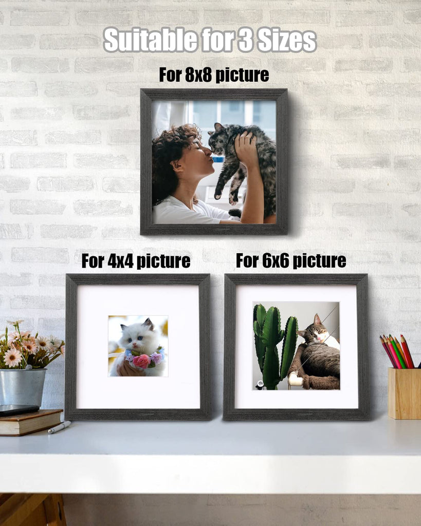 8x8 Picture Frames Made of Solid Wood with Plexiglass, Display Pictures 4x4/6x6 with Mat or 8x8 Without Mat Set of 4