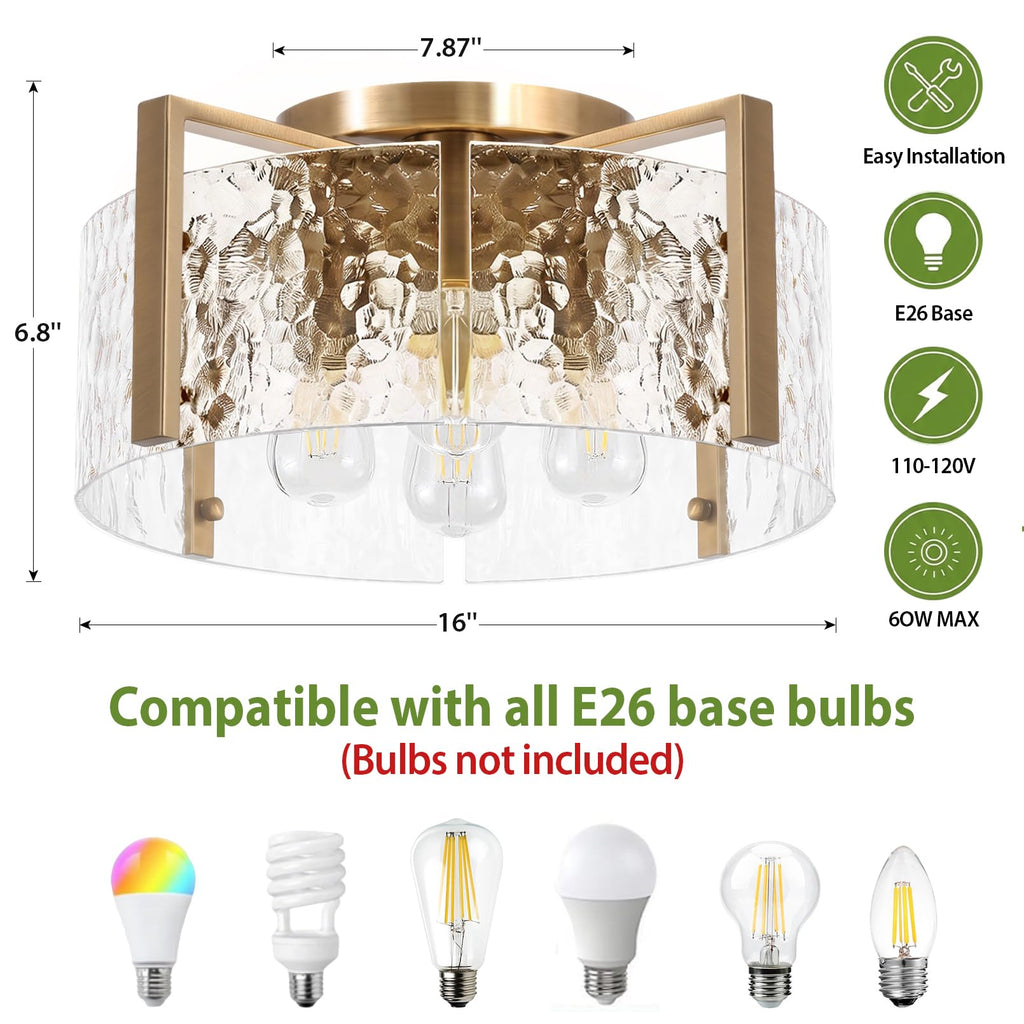 16'' Gold Semi Flush Mount Ceiling Light, 4-Light Glass Drum Light Fixtures