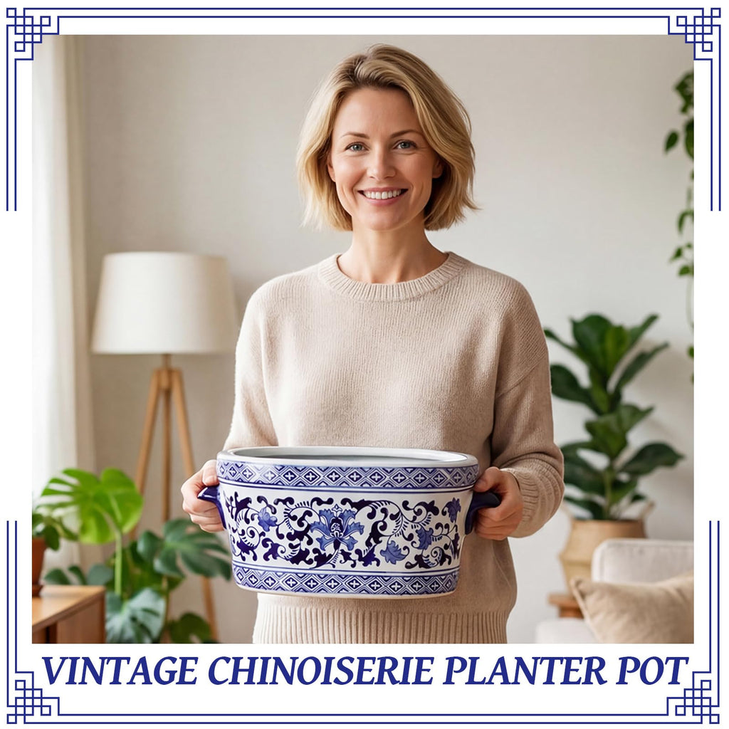 Blue and White Chinoiserie Ceramic Planter, Elegant