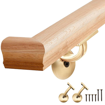 6010 Red Oak Handrail Kit 6 ft with Wall Returns and Wall Mount Brackets Indoor Wood Stairs Handrails Included Screws