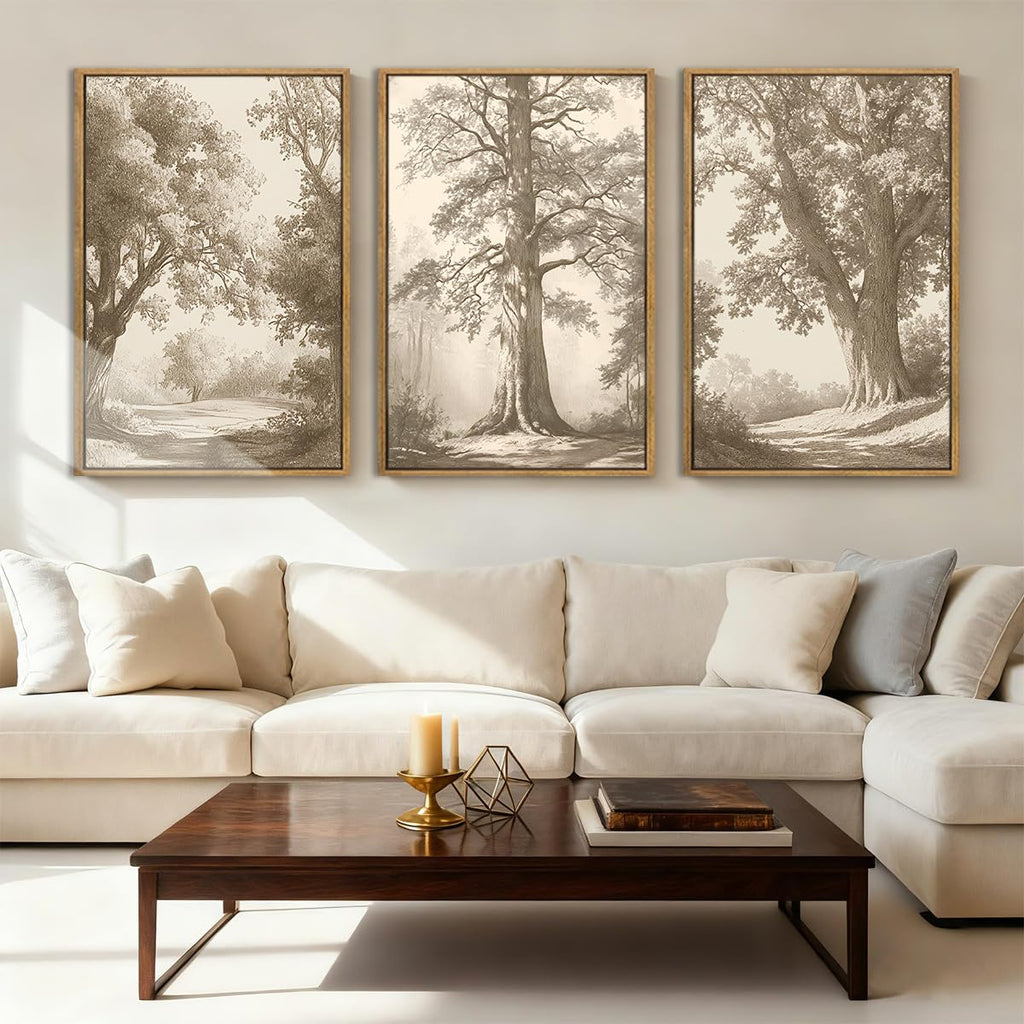 Vintage Tree Canvas Wall Art Framed Rustic Tree Landscape Sketch Antique Painting Neutral Forest Wall Decor 16x24