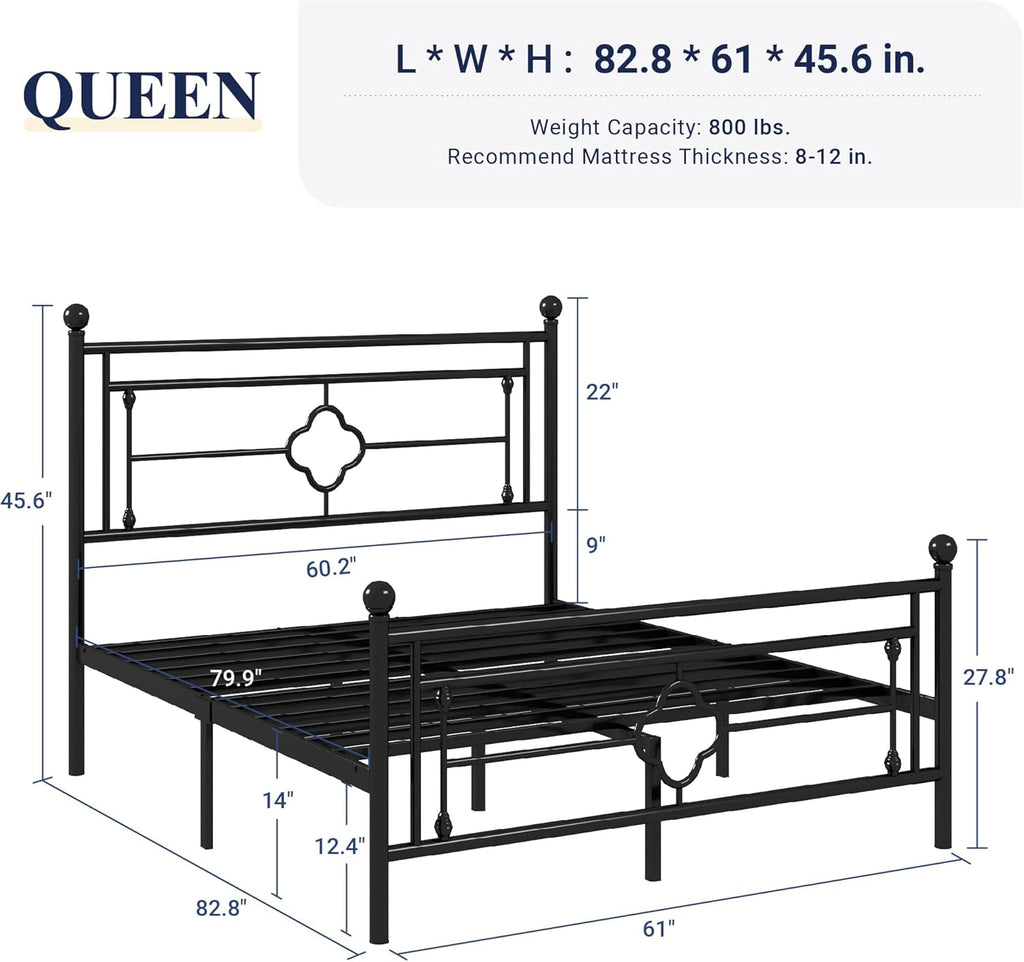 Queen Metal Platform Bed Frame with Victorian Vintage Headboard and Footboard/Mattress Foundation/Under Bed Storage/No