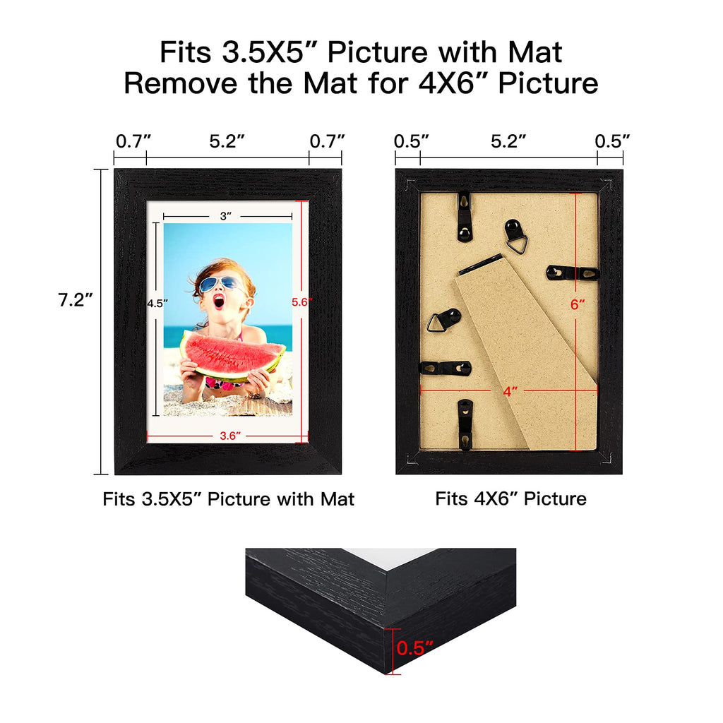 4x6 Picture Frame Black Wood Pattern Set of 4, Display Pictures 3.5x5 with Mat or 4x6 Without Mat, Horizontal and