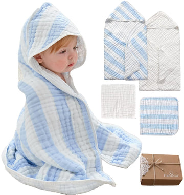 Organic Muslin Hooded Baby Bath Towel 4pc for Newborn - Blue Stripe