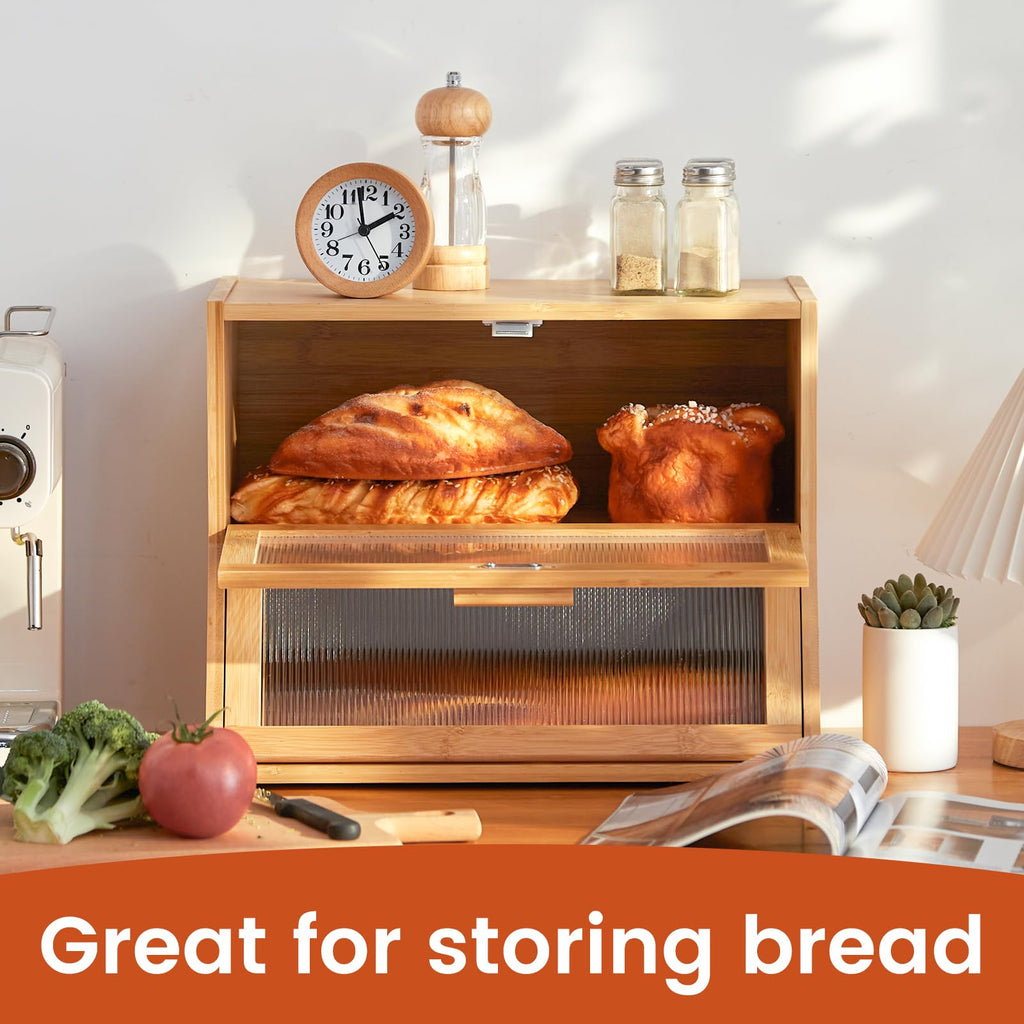 Double Layer Bamboo Counter,Large Capacity Bread Storage Bin,Bread Container with Acrylic Wavy Door Panel (Natural