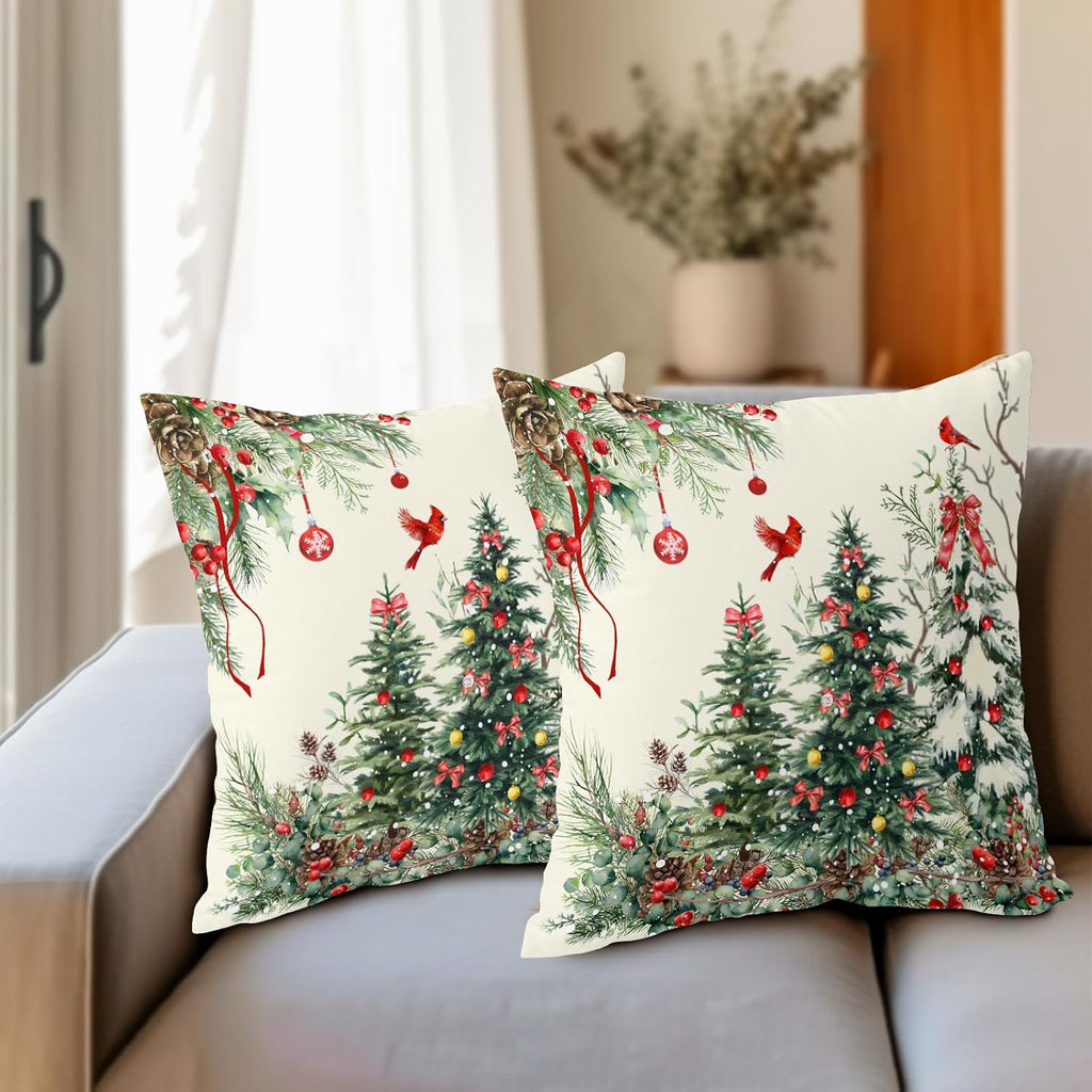 Christmas Pillow Covers 20x20 Inch Rustic Christmas Tree Decorative Outdoor Throw Pillows Winter Green - Set of 2