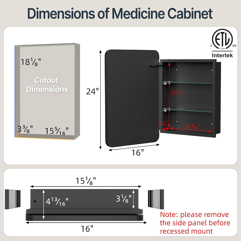 16x24 Inch Medicine Cabinet with Mirror and Lights , Black | Recessed or Surface Mount, Anti-Fog, Memory Function