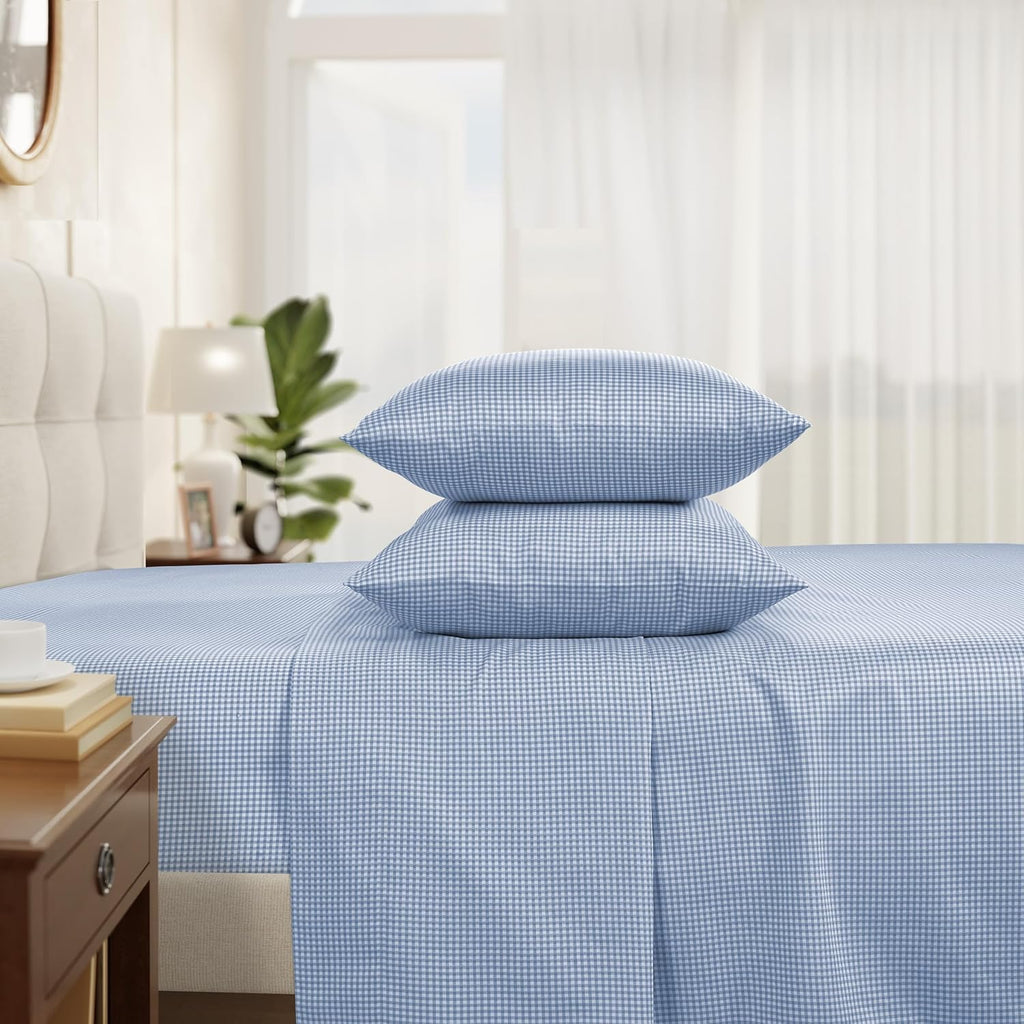 Twin Bed Sheet Set, 100% Cotton Sateen Silky, Blue Gingham, Soft, 3Pc