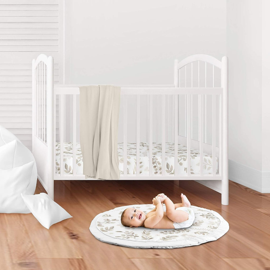Leaf Boy or Girl Baby Playmat Tummy Time Infant Play Mat - Gender Neutral Floral Ivory Beige Taupe and White Gender