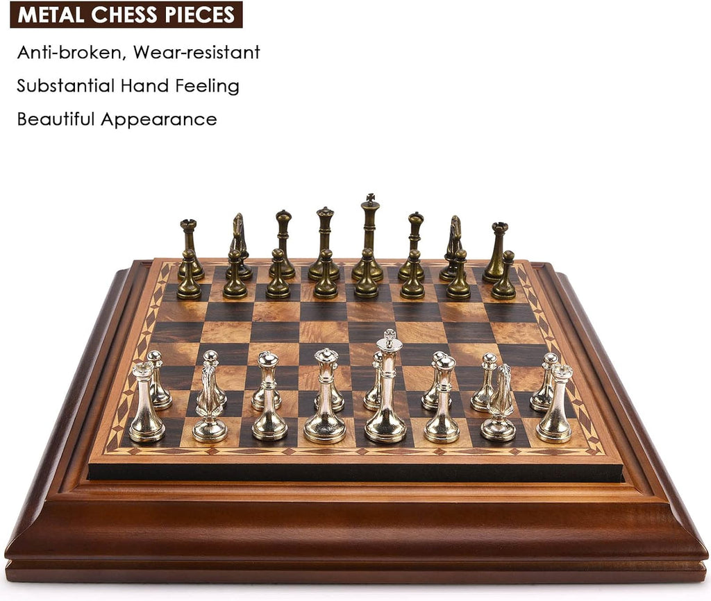 14 inches Wooden Chess Set with Metal Chess Pieces / 2.5'' King/Storage for Chessmen/Gift
