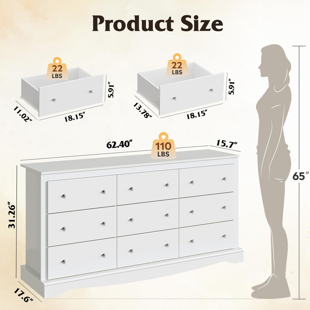 63" Dresser, Modern 9 Drawer Dresser with Exclusive Anti-Tip Structure, Large Wooden Chest of Drawers with Metal
