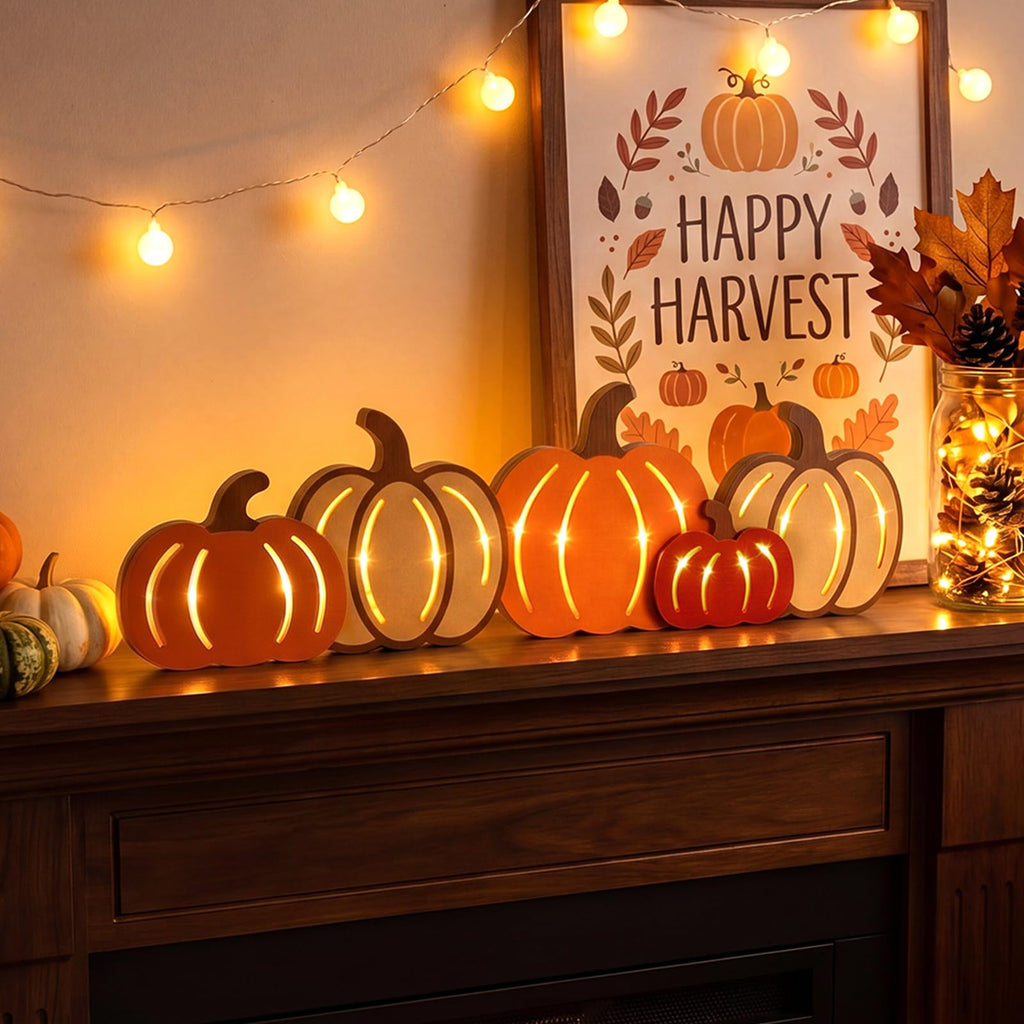 Fall Pumpkin LED Wooden Sign Rustic Wooden Word Sign for Table Home
