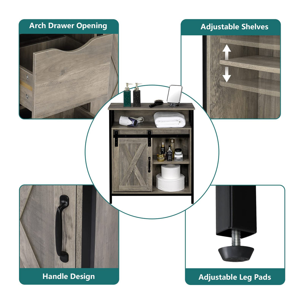 Farmhouse Bathroom Floor Storage Cabinet, Rustic Freestanding Cabinet Organizer w/Sliding Barn Door, 2 Large Drawers