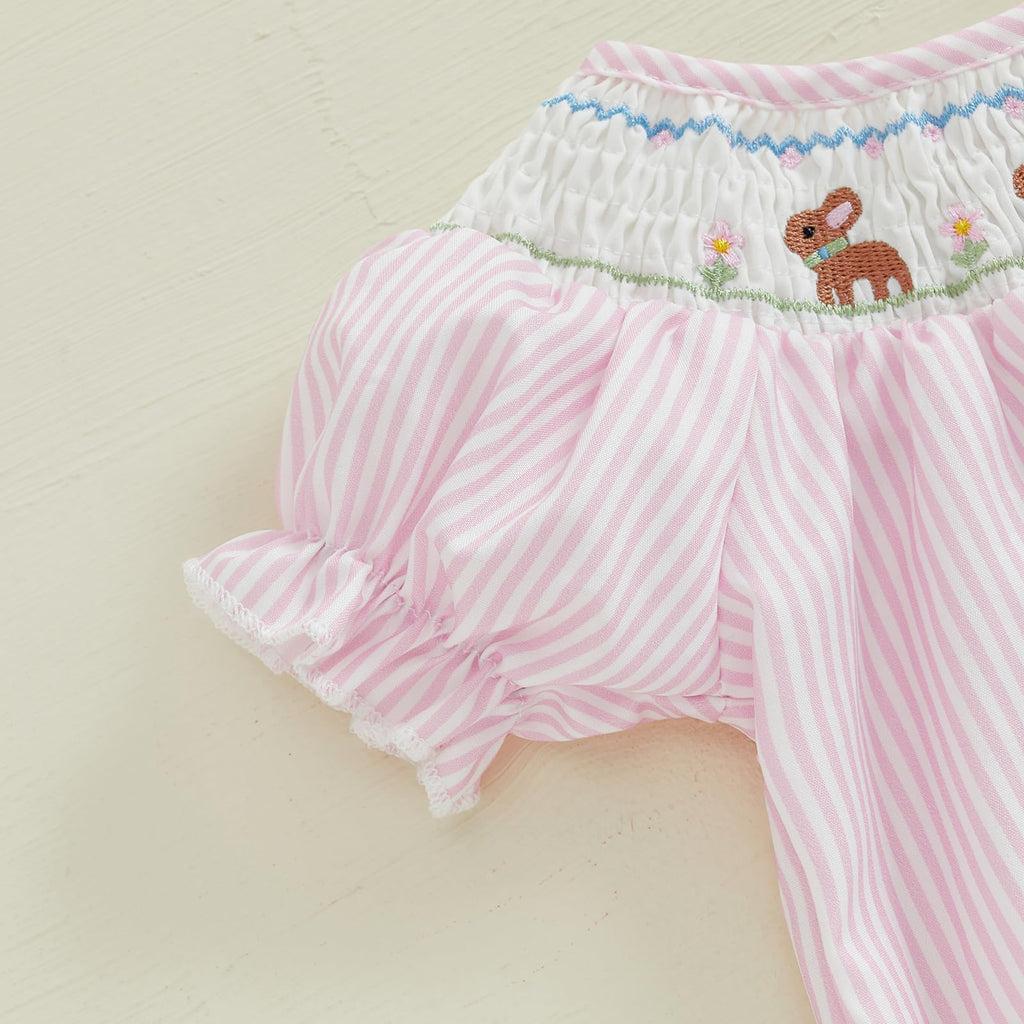 Easter Baby Girl Outfit Bunny Embroidery Bubble Romper Puff Short Sleeve Smocked Bodysuit Newborn Easter Clothes