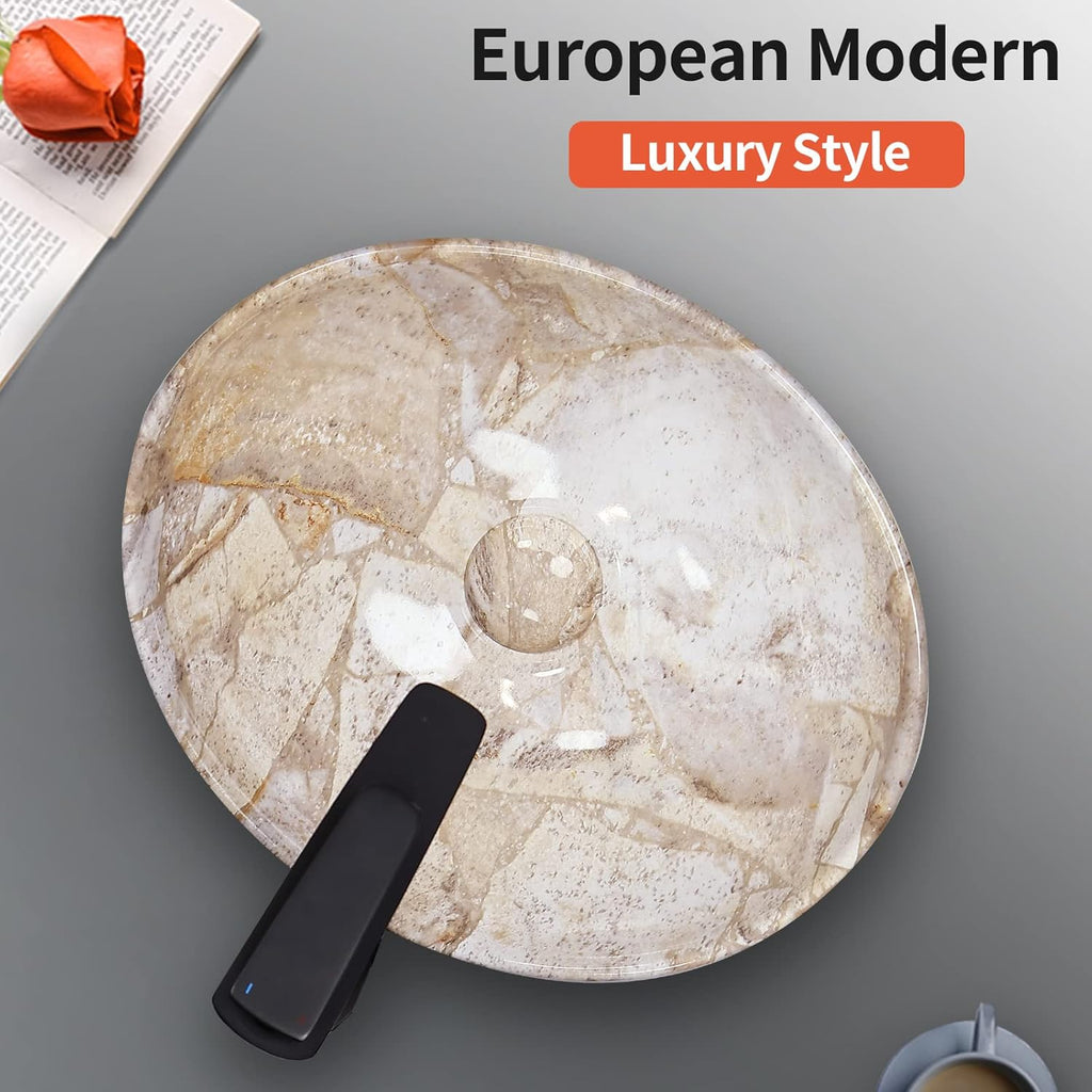 16'' X 13'' Nordic Marbling Oval Vessel Sink with Pop Up Drain,Ceramic Vessel Sink,Bathroom Sinks Above