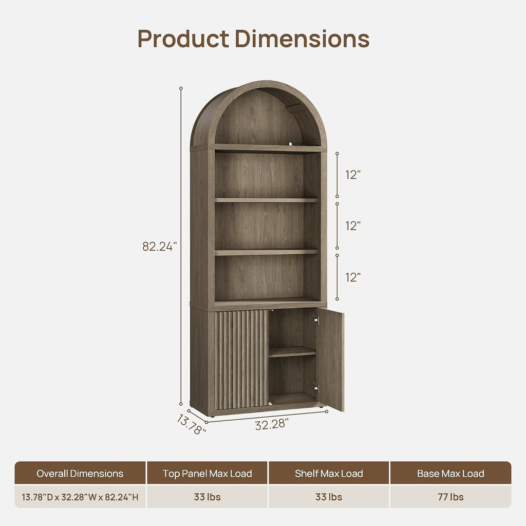 Book Shelf Arched Cabinet 82" Tall Bookcase with Doors 5 Tier Book Shelves with Storage Large Bookshelves Wide