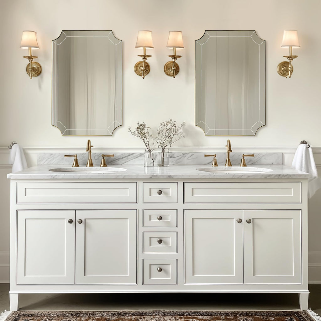 24x36 Scalloped Mirror, Gold Rectangle Wall Mirror with Scallop Corner, Non-Rusting Vanity Mirror with Curved Cutouts