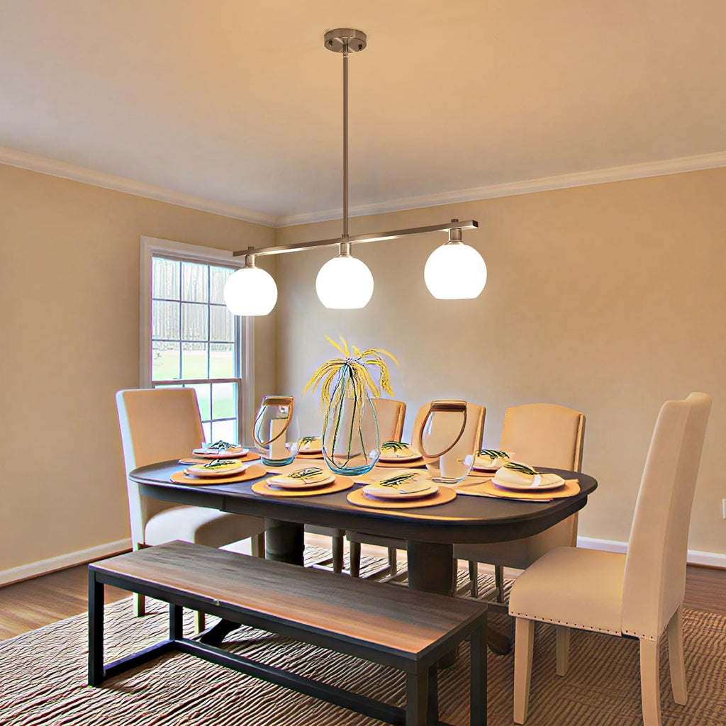 3 Lights Linear Pendant Light Kitchen Island Lighting with Milk Glass Shade, Modern Farmhouse Chandelier, Brushed