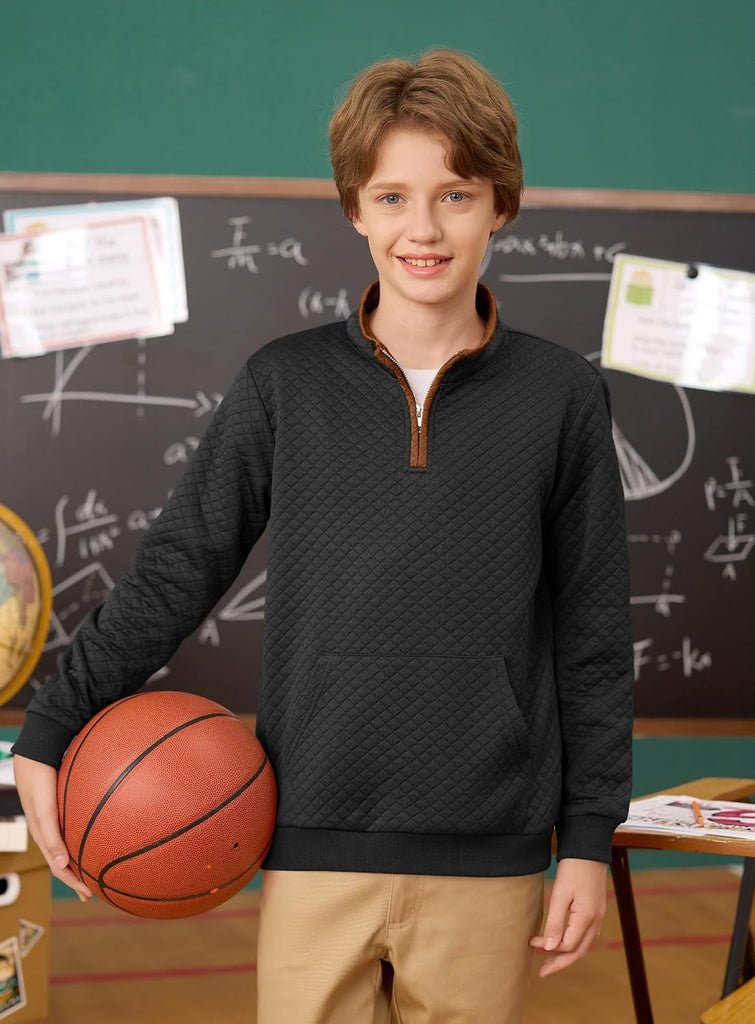 Boys 1/4 Zip Sweatshirts Quilted Pullover with Kangaroo Pocket