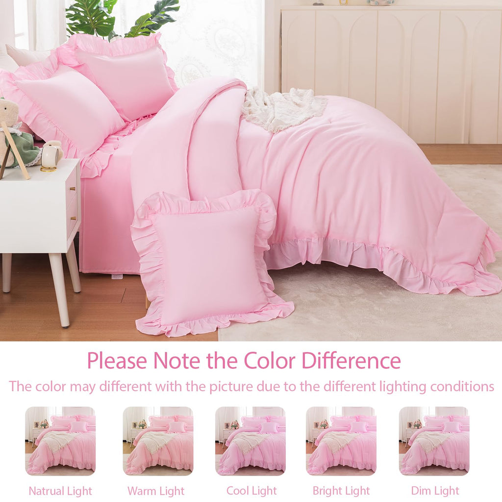 Pink Ruffle Bed in A Bag King Size 6 Pieces Farmhouse Comforter Set with Sheets Solid Boho Chic Bedding Set for Girls