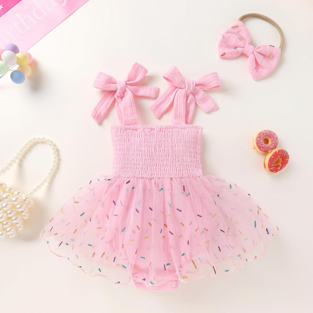 Baby Girl 1st Birthday Outfit Sleeveless One Year Old Romper Dress with Headband Cute Toddler Photo Clothes