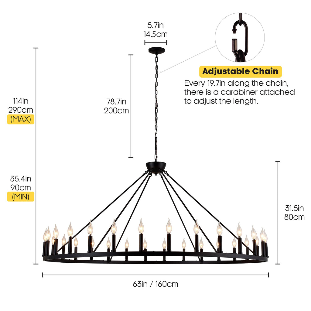 Extra Large Wagon Wheel Chandelier 30-Light, Extra Large Farmhouse Chandelier, Black Chandelier, Round Rustic