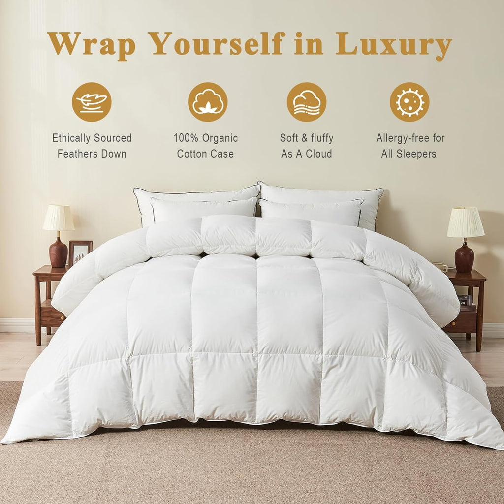 Feather Down Comforter Queen, Luxury Extra-Fluffy Duvet Insert