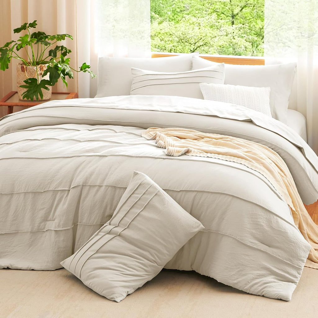 Queen Comforter Set Beige, 7 Pieces Soft Pinch Pleat Bed in a Bag Queen Comforter Set with Sheets