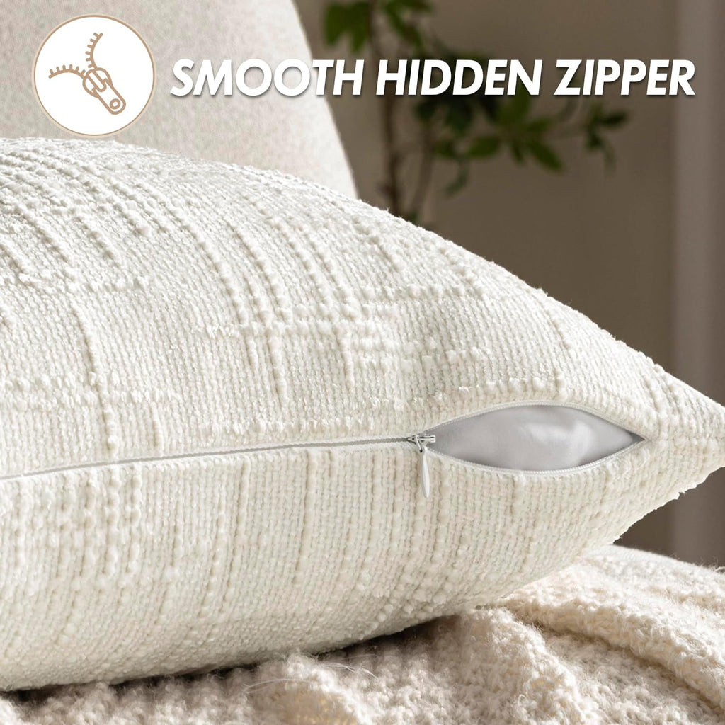 Textured Throw Pillow Covers Thick Chenille Decorative Pillows Cream White 18x18 Inch Set of 2 Modern Boho Farmhouse