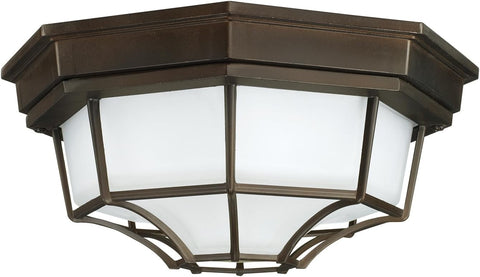 Urban/Industrial Frosted Glass Outdoor Flush Mount Ceiling Light, 2-Light 120 Total Watts, 6" H x 11" W, Old Bronze