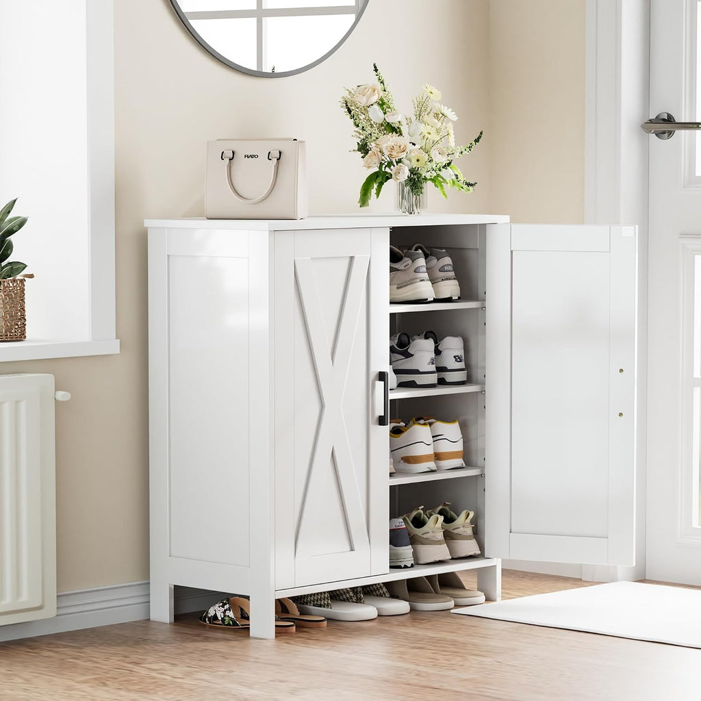 Farmhouse Shoe Cabinet with 2 Barn Doors & Wood Legs, 5-Tier Shoe Storage Cabinet with 3 Adjustable Shelves, Tall