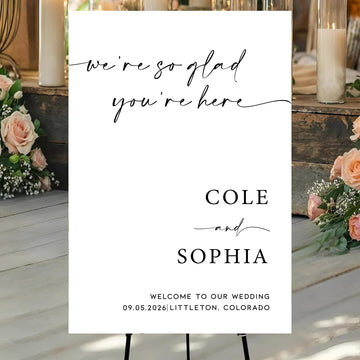 Minimalist Wedding Welcome Sign - "We're So Glad You're Here", Modern Custom Poster for Elegant Wedding Reception