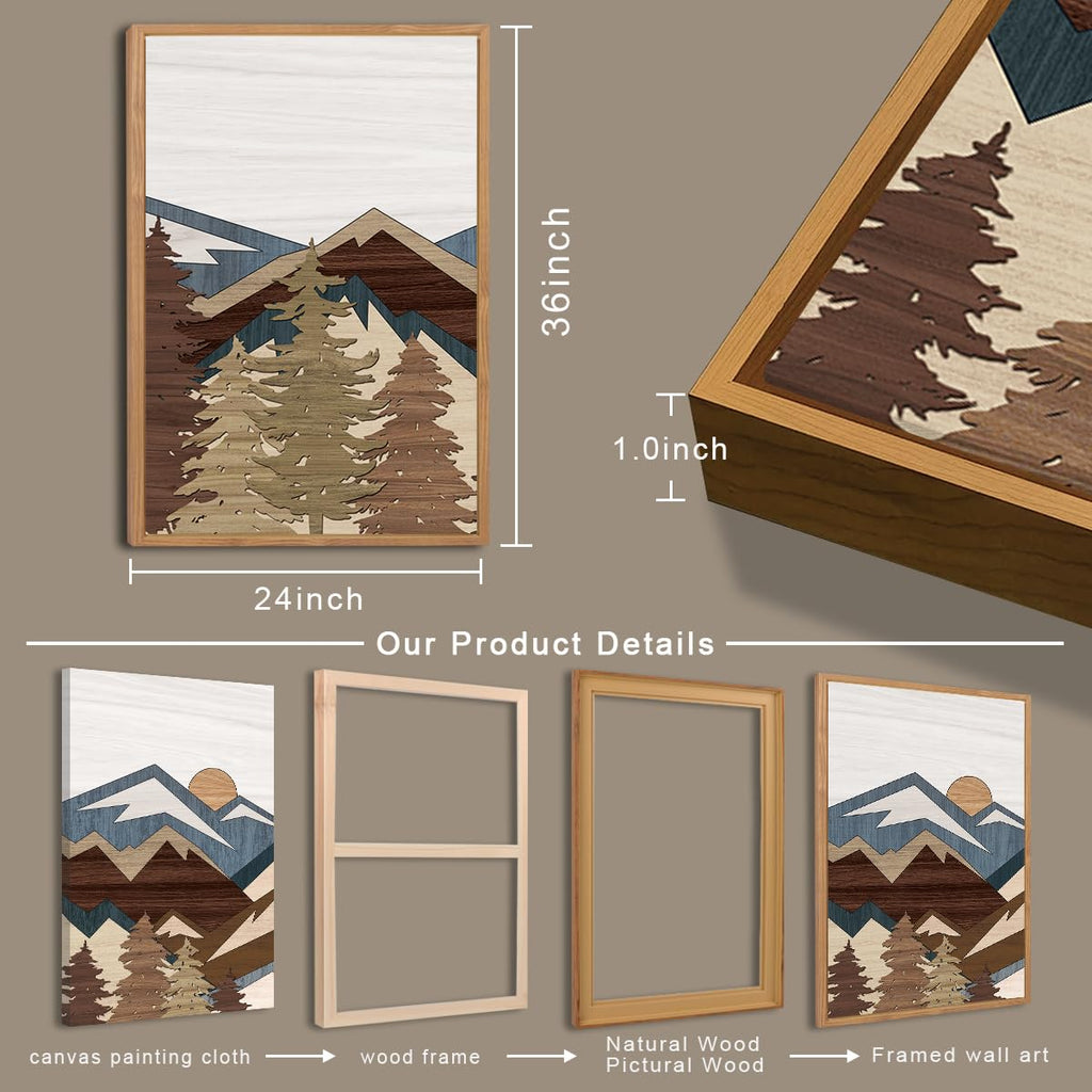Large Boho Mountain Canvas Framed Wall Art Set of 3 Forest Mountain Sun Wall Decor Boho Artwork Bedroom Office 24x36
