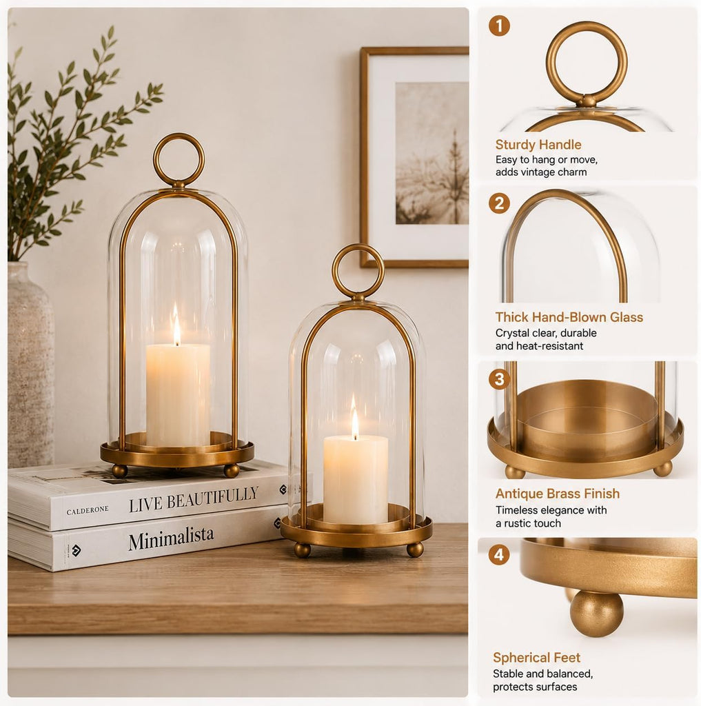 Set of 2 Candle Lantern, Candle Holders with Glass Dome 10" & 7.87" | Vintage Brass Design, Perfect for Pillar