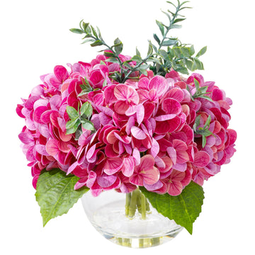 Rose Red Hydrangea Artificial with Eucalyptus in Vase Fake Coffee Table Decor Real Touch with Faux Water Decor