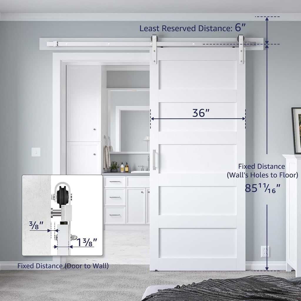 36in x 84in White Sliding Barn Door with 6.6ft Brushed Nickel Hardware Kit & Handle - 5-Panel, Water-Proof PVC