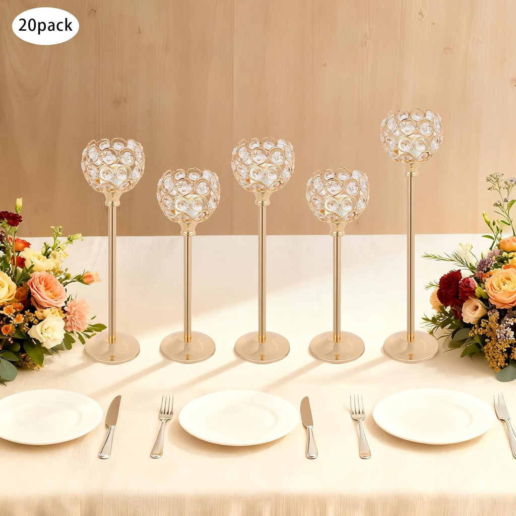 4-Piece Crystal Candle Holder Set, Gold Electroplated Glass Candle Holders for Tealights Taper LED Candles, Wedding
