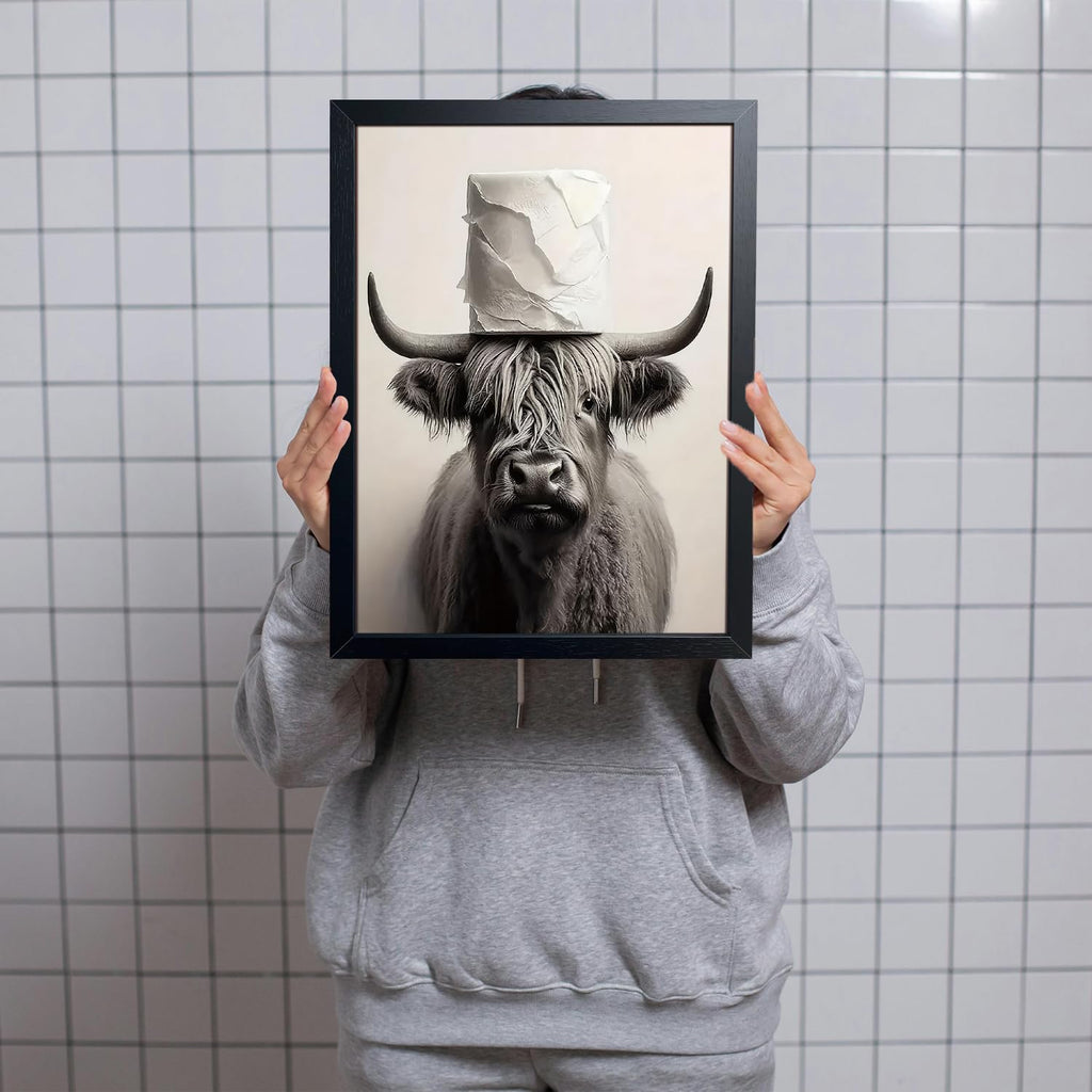 Black and White Bathroom Wall Art, Funny Highland Cow Canvas Poster Print Picture, Modern Farmhouse Wall Decor