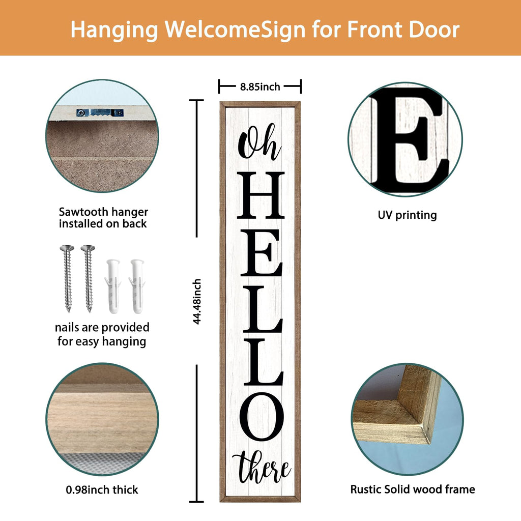 Oh Hello There Welcome Sign For Front Porch Standing 45"X9" Tall Wood Frame Outdoor Vertical Decor for Farmhouse