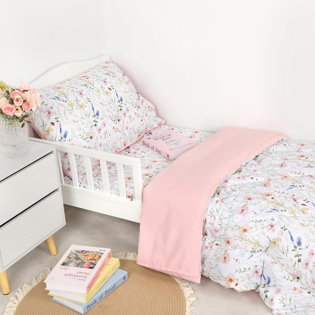 Toddler Bedding Set for Girls, 4 Piece Floral Toddler Comforter Set, Ultra Soft Baby Girl Crib Bed Bedding Includes