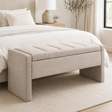 47.25 Inch Storage Ottoman Bench, Linen Upholstered, Grey Brown | End of Bed Storage Bench, Entryway Shoe Bench and