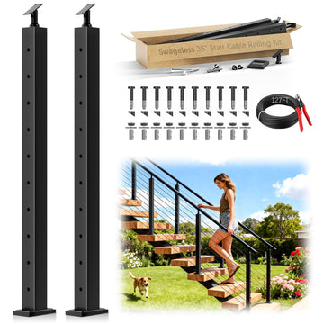 Swageless 4-12FT Black Stair Cable Railing Kit Surface Mount 36"