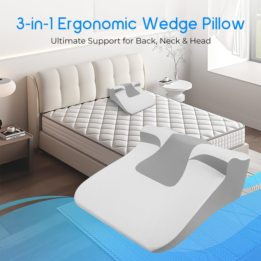 Bed Wedge Pillow for Sleep Apnea, Acid Reflux & Snoring Relief | Post-Surgery Recovery Pillow with Ergonomic 3-in-1