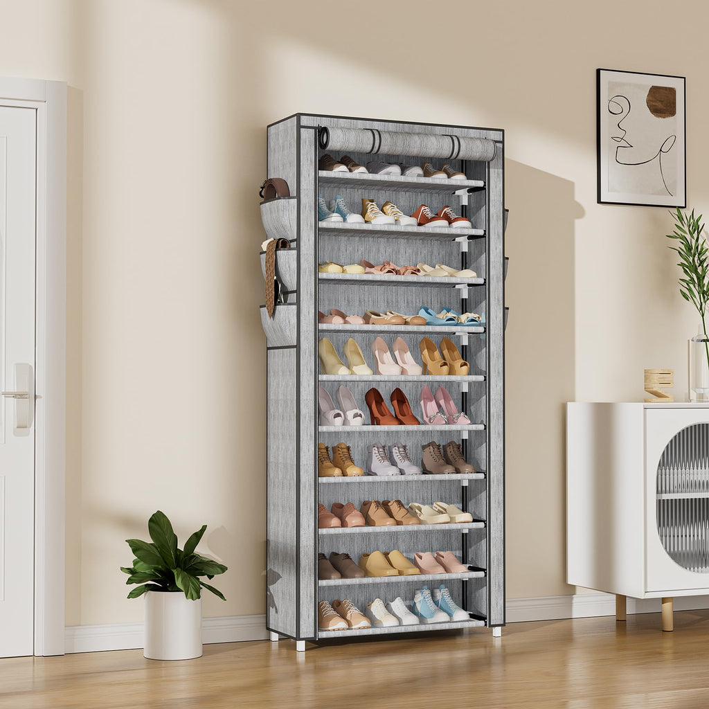 10 Tier Tall Shoe Rack with Cover Organizer Shoe Stand Light Gray