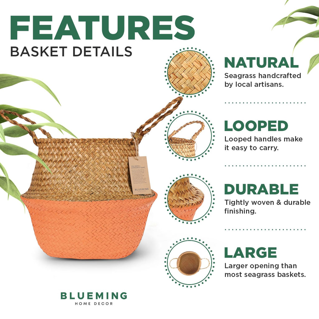 Large Wicker Planter Basket - 12 Inch Seagrass Plant Pot in Boho Orange for Olive Trees, Faux Plants, or Indoor