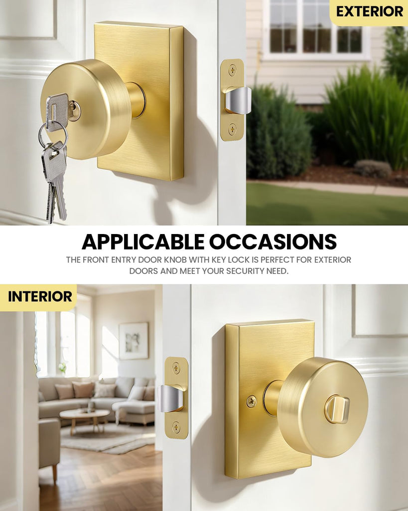Brushed Gold Satin Brass Exterior Door Knobs with Lock and Key