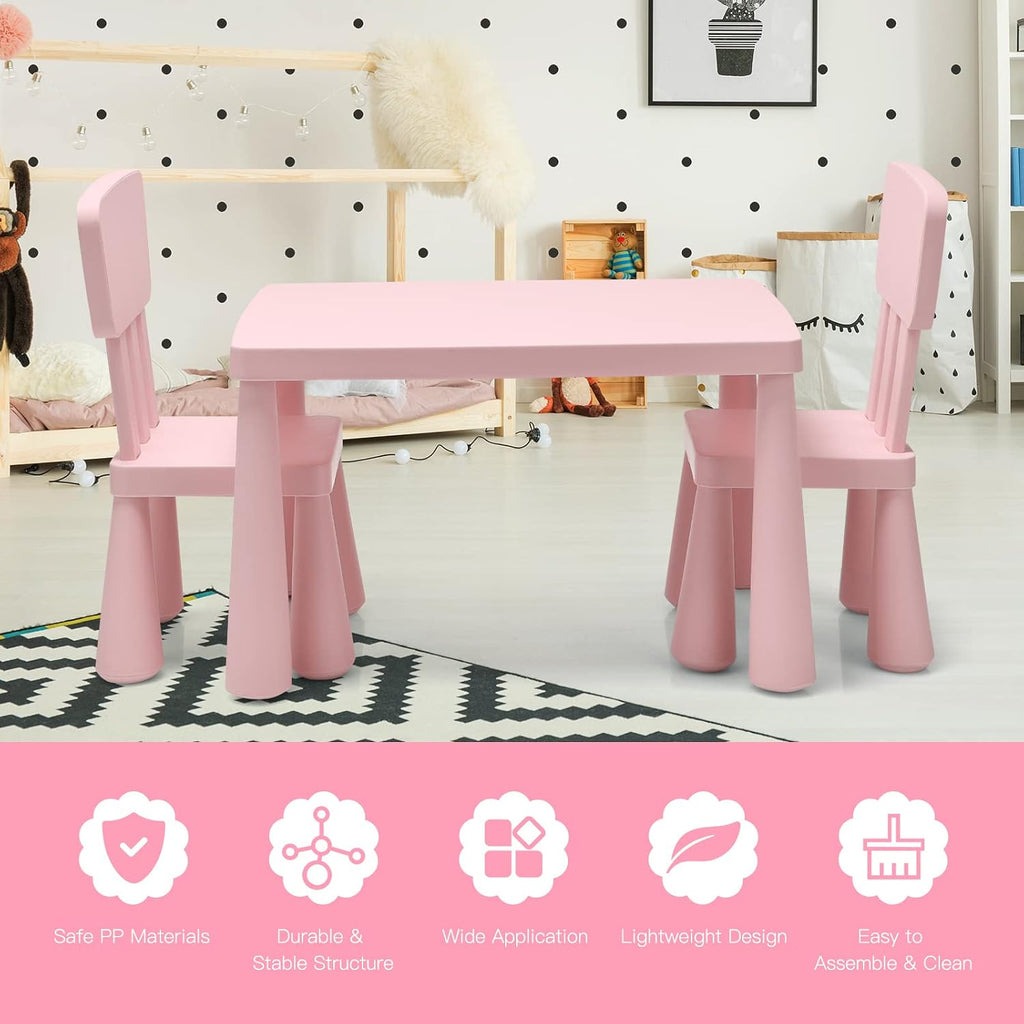Kids Table and Chair Set, Plastic Children Activity Table and 2 Chairs for Art Craft, Easy-Clean Tabletop, Piece